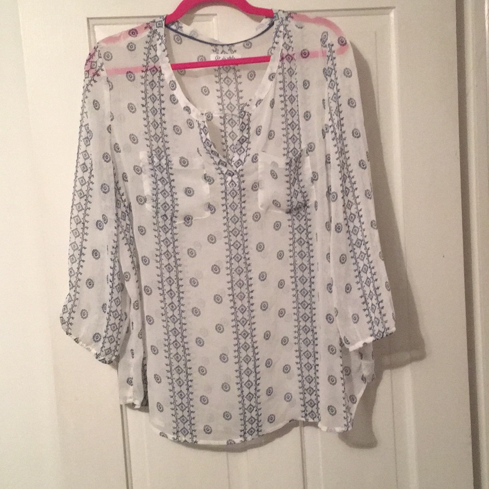 Sheer, Free-Flowing Navy Patterned Blouse